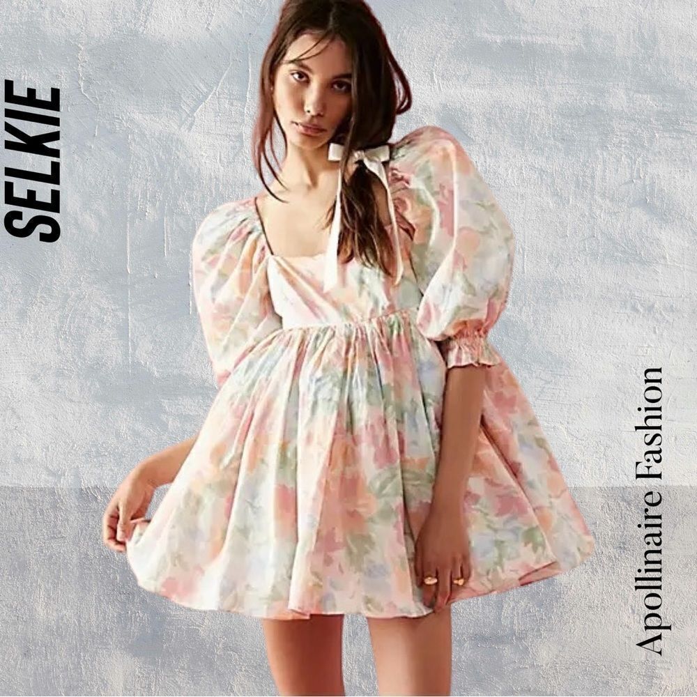 SELKE FOR FREE PEOPLE COTTAGE PUFF BABYDOLL DRESS IN GRAPEFRUIT FLORAL LARGE NWT